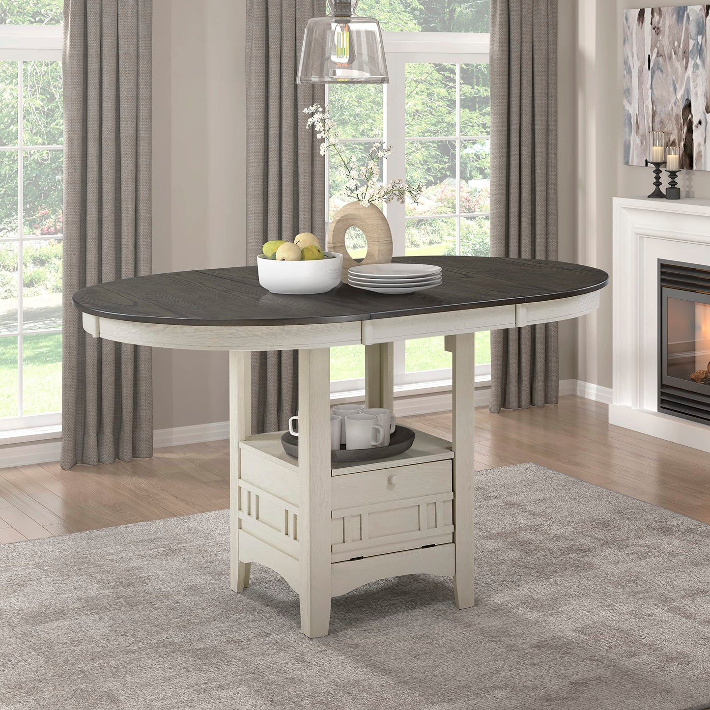 Lexicon Dante Oval Counter Height Dining Table for 4, Expandable Wood Table with Extension Leaf & Built-in Storage Base, Easy Assembly for Kitchen Islands & Breakfast Bars - Rosy Brown/Antique White