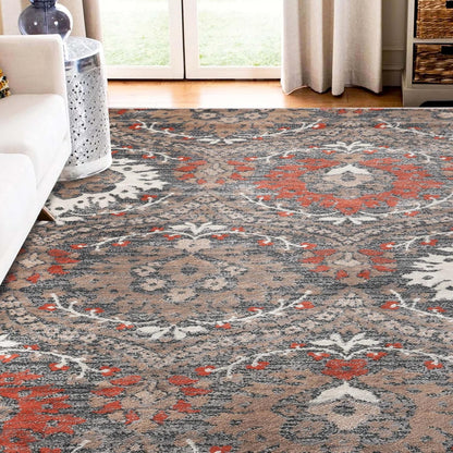 Superior Indoor Area Rug, Modern Oriental Floral Damask, 4' x 6', Jute Backed, Grey Brown for Living Room