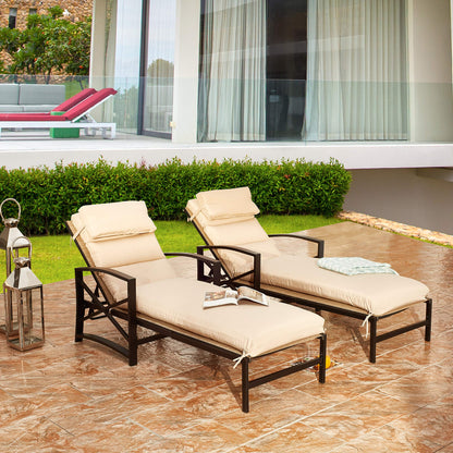 LOKATSE Home 2 Pieces Outdoor Patio Chaise Lounge Chair Blue Removable Cushions and Pillows with Adjustable Backrest and Armres Reclining Chairs for Beach Poolside Balcony Backyard Garden
