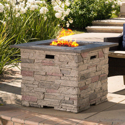Hoonah Outdoor 40,000 BTU Lightweight Concrete Fire Pit Table, 32", Natural Stone / Grey