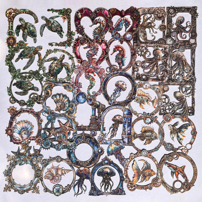 60-Piece Steampunk Ocean Scrapbook Stickers - Self Adhesive Hard Cardstock Victorian Stickers with Nautical Frames, Jellyfish, Seahorses, Fish, Mechanical Elements