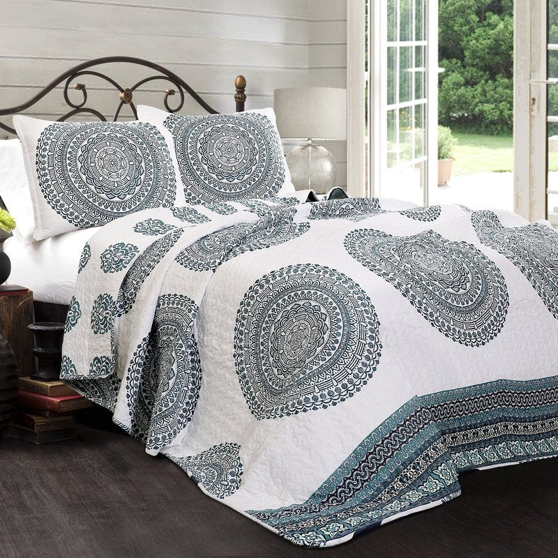 Lush Decor Shaila Medallion Quilt | Mandala Print Reversible 3 Piece Bedding Set - King - Blue