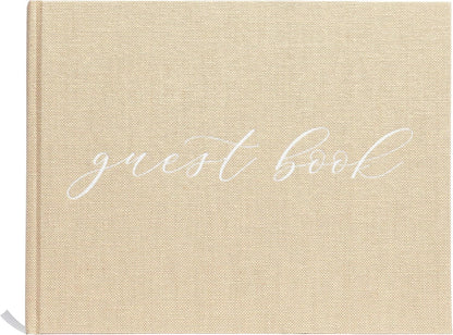 Pearhead Linen Wedding Guest Book with White Script - Classic Elegant Wedding Decor, 100 Pages, 7"x9", Beige Burlap,