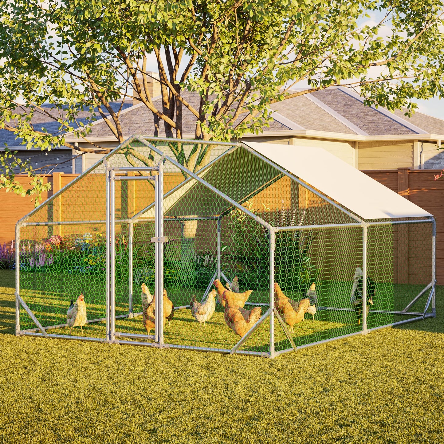 YOPTO Metal Chicken Coop,10x13x6.56ft Large Walk-in Chicken Runs W/Waterproof & Anti-Ultraviolet Cover,Spire Roof Hen House Enclosure W/Security Lock,Outdoor Poultry Pen for Backyard,Farm,Yard