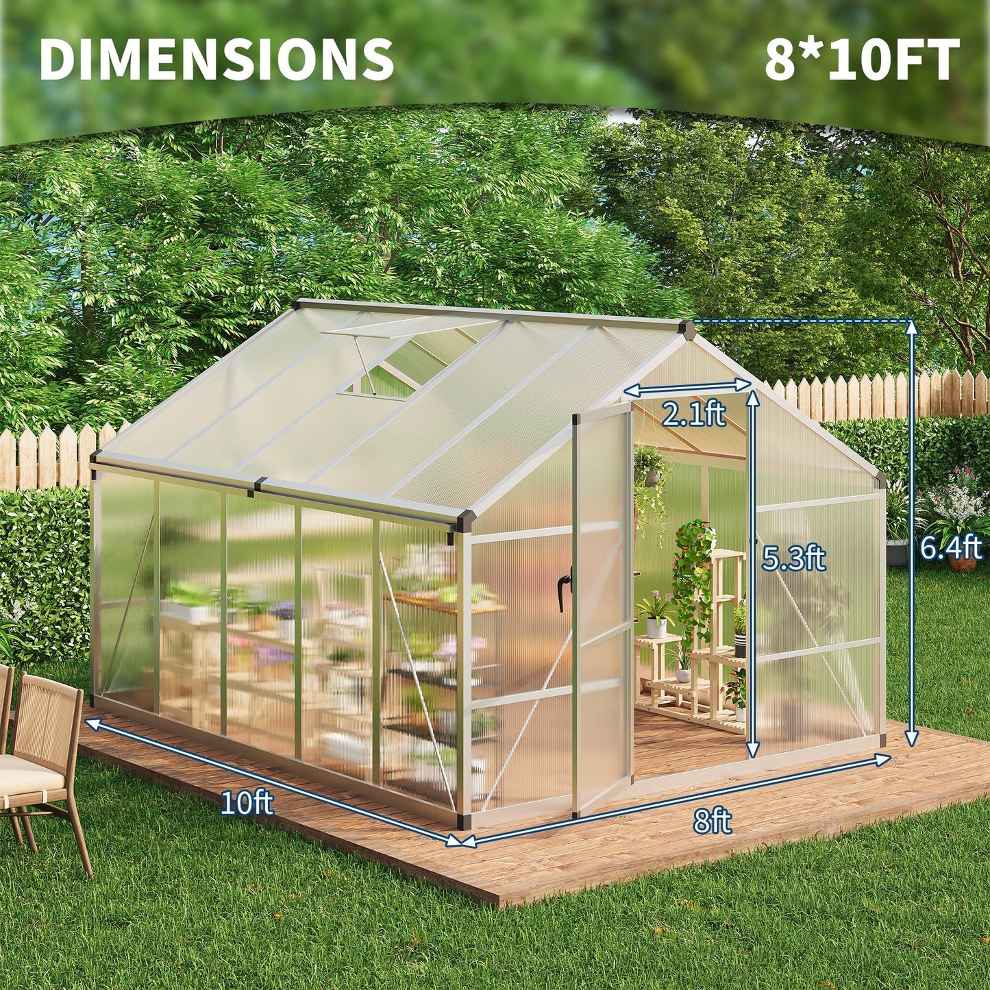 8x10 FT Greenhouse for Outdoors, Polycarbonate Greenhouse with Roof Vent, Ground Nails, Lockable Push Door, Aluminum Large Walk-in Green House for Outside Garden Backyard, Patio, Lawn, Silver
