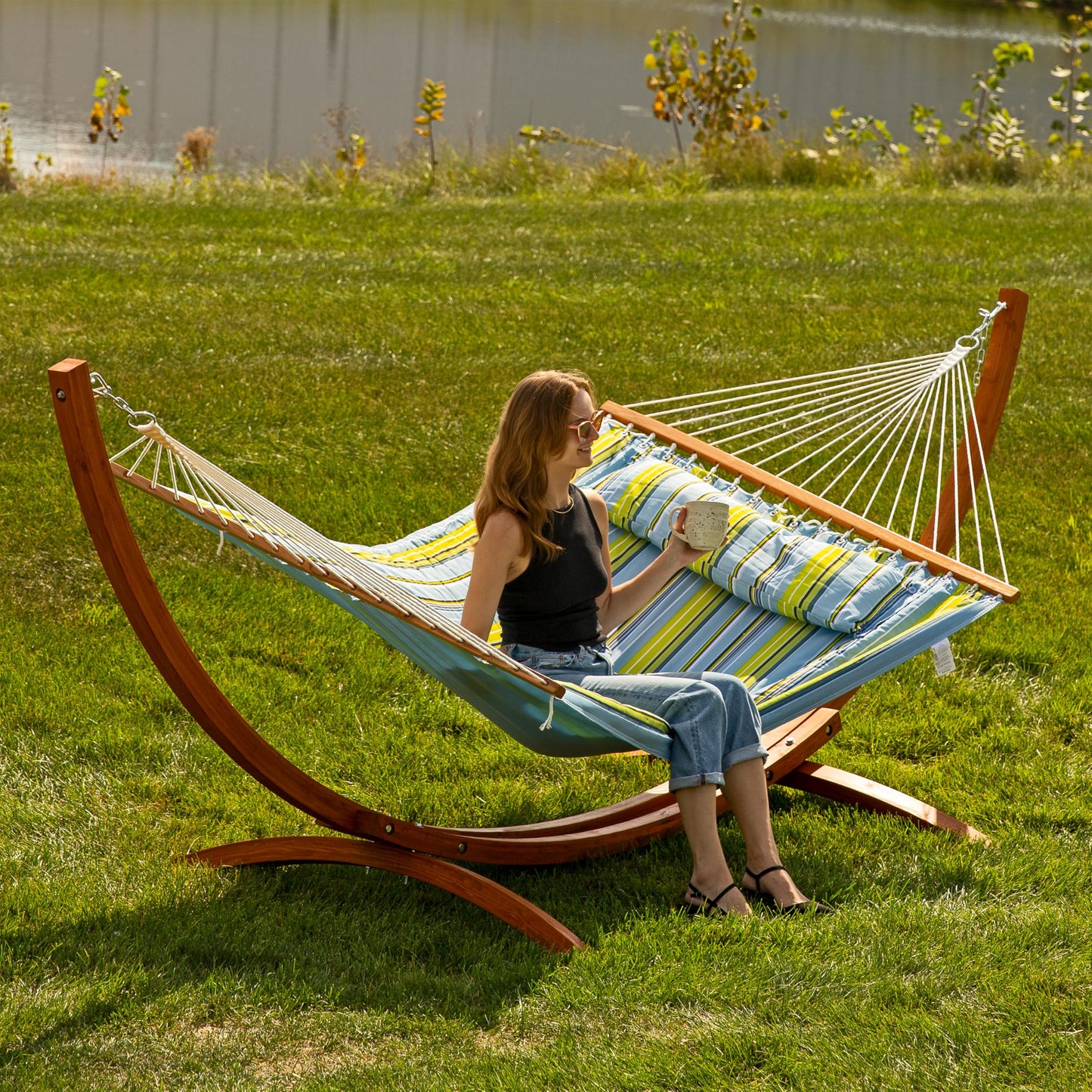 Sunnydaze Curved Wood Hammock Stand Only - 2-Person Wooden Hammock Stand for Outside with 400-Pound Capacity- 12-Foot