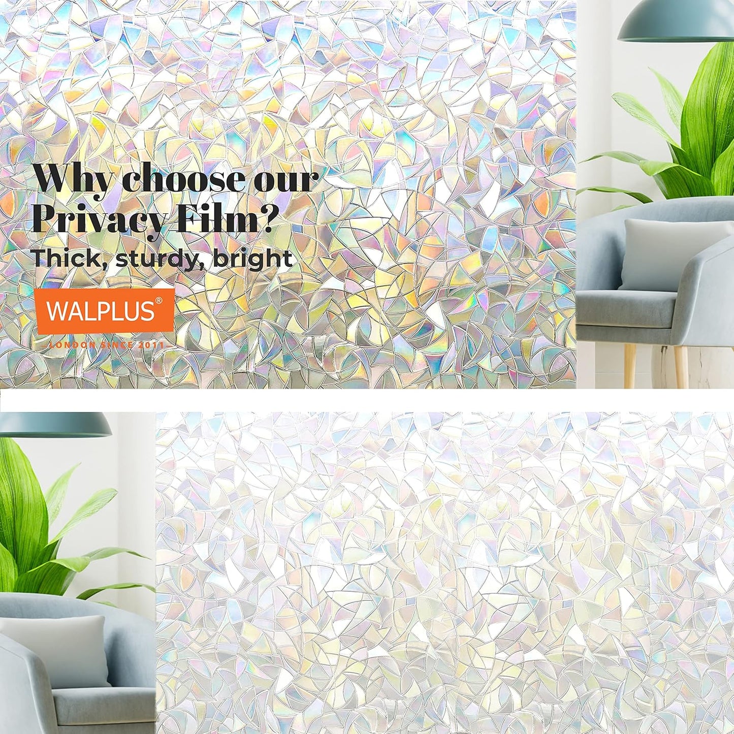 Window Privacy Film, Rainbow Window Clings, Removable Stained Glass Film, 17.5x78.7 Inch