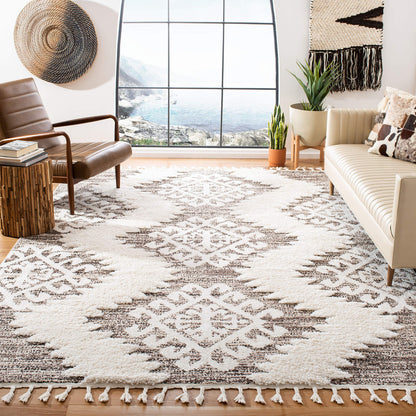SAFAVIEH Moroccan Tassel Shag Collection Area Rug - 10' x 14', Ivory & Brown, Boho Design, Non-Shedding & Easy Care, 2-inch Thick Ideal for High Traffic Areas in Living Room, Bedroom (MTS652A)