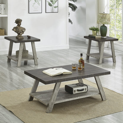 Roundhill Furniture Athens Contemporary 3-Piece Wood Shelf Coffee Table Set, Weathered Walnut and Gray
