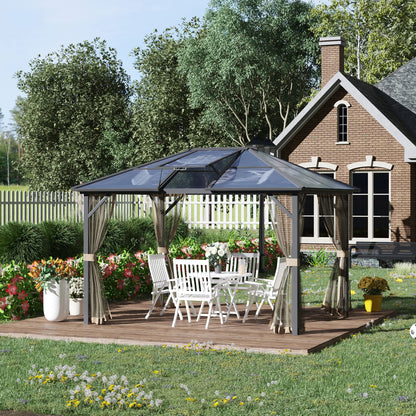 GOWE 10' x 12' Hardtop Gazebo Canopy with Polycarbonate Roof, Top Vent and Aluminum Frame, Permanent Pavilion Outdoor Gazebo with Netting, for Patio, Garden, Backyard, Deck, Lawn