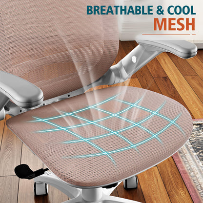 GABRYLLY Ergonomic Office Chair, High Back Home Desk Chair with Headrest, Flip-Up Arms, 90-120° Tilt Lock and Wide Cushion, 300LBS Mesh Chairs for Man Woman, White Task Chair(Pink,GY01WPK)