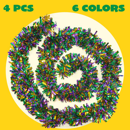JOYIN 4 Pcs Mardi Gras Tinsel Garland, 66 Ft Gold Green Purple Metallic Streamers for Sparkling Glittering Hanging Decorations, Indoor Outdoor Mardi Gras Party Decorations Carnival Accessories