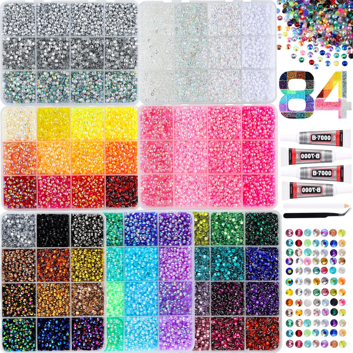 LERBOU 52500Pcs Bedazzling Kit with 7 Box – 59 Colors Rhinestones, 3mm Flatback Sparkling Gems with 4×10ml B7000 Jewelry Glue, Tweezers & Pickup Pen for Nail Art, Crafts, Clothing, Diamond Painting