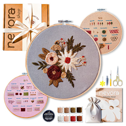 nevora shop 3 Hoop Embroidery Kit for Beginners Adults - Learn 32 Stitches with 3 Progressive Projects, Stamped Patterns, Video Tutorial & Free Organizer Bag.