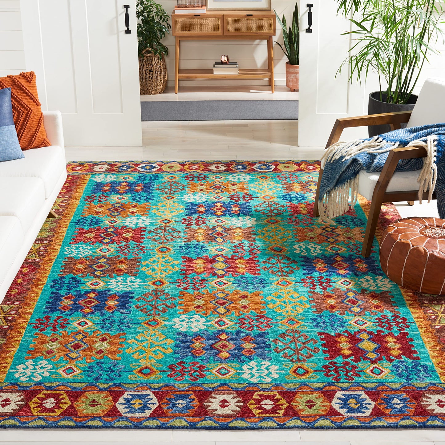 SAFAVIEH Area Rug 8x10 - Aspen Collection - Large - Blue & Red, Handmade Wool, Boho Design, Ideal for Living Room, Bedroom, Office, Dining Space (APN503A)