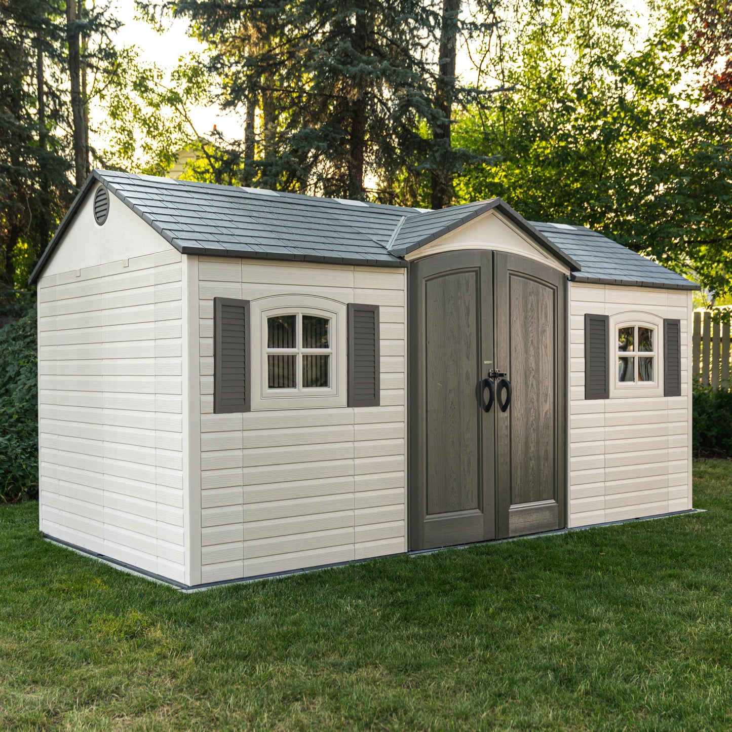 Lifetime Outdoor Storage Shed, 15x8 Ft, Desert Sand, Resin Backyard Tool Shed with Lockable Doors and UV-Protected Panels