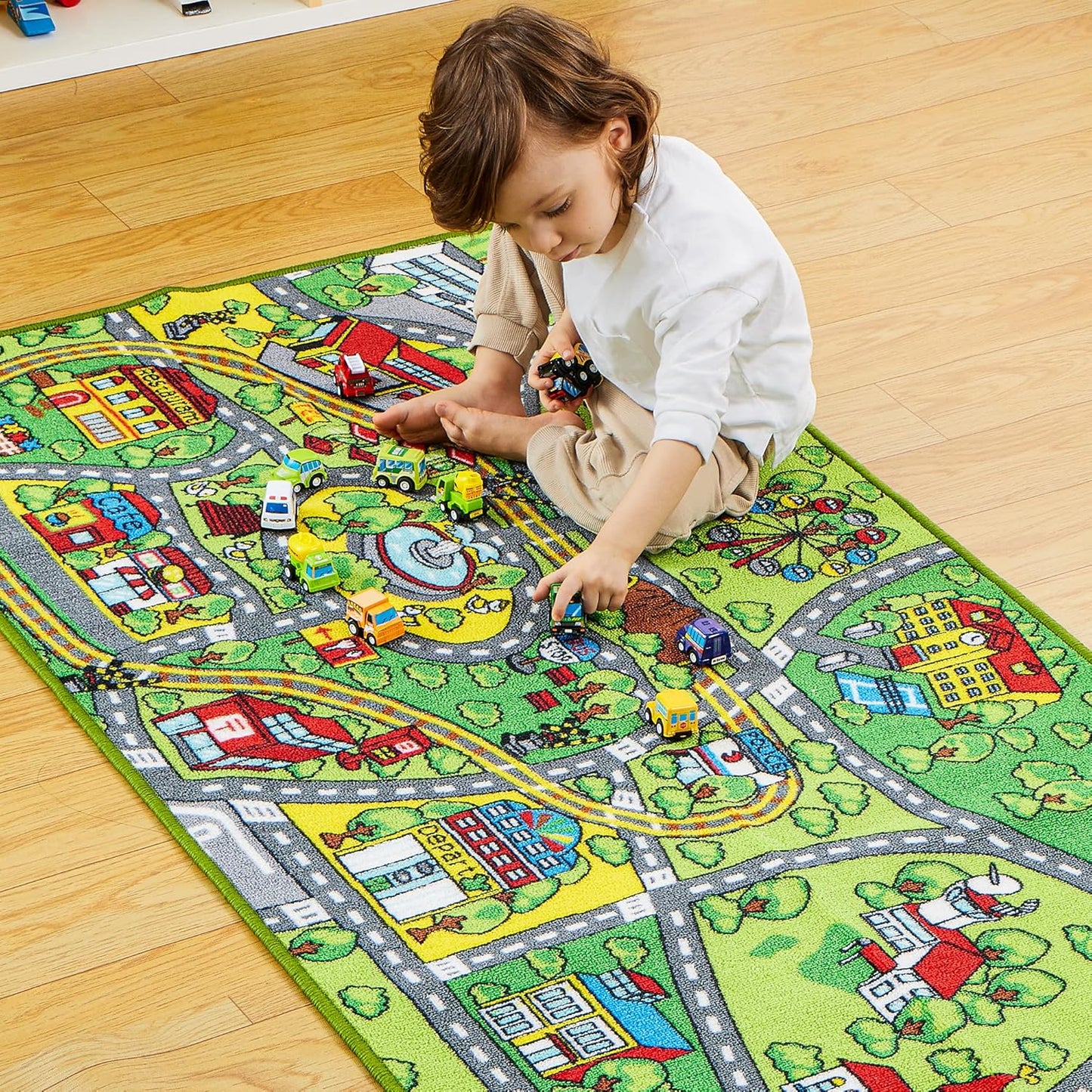 12 Set 3+, JOYIN Carpet Playmat w/ Cars Pull-Back Vehicle for Kids Age Jumbo Play Room Rug, City Pretending Play