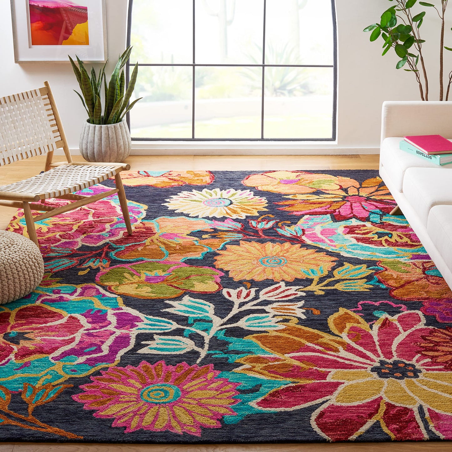 SAFAVIEH Aspen Collection Area Rug - 10' x 14', Charcoal & Blue, Handmade Boho Floral Wool, Ideal for High Traffic Areas in Living Room, Bedroom (APN520H)