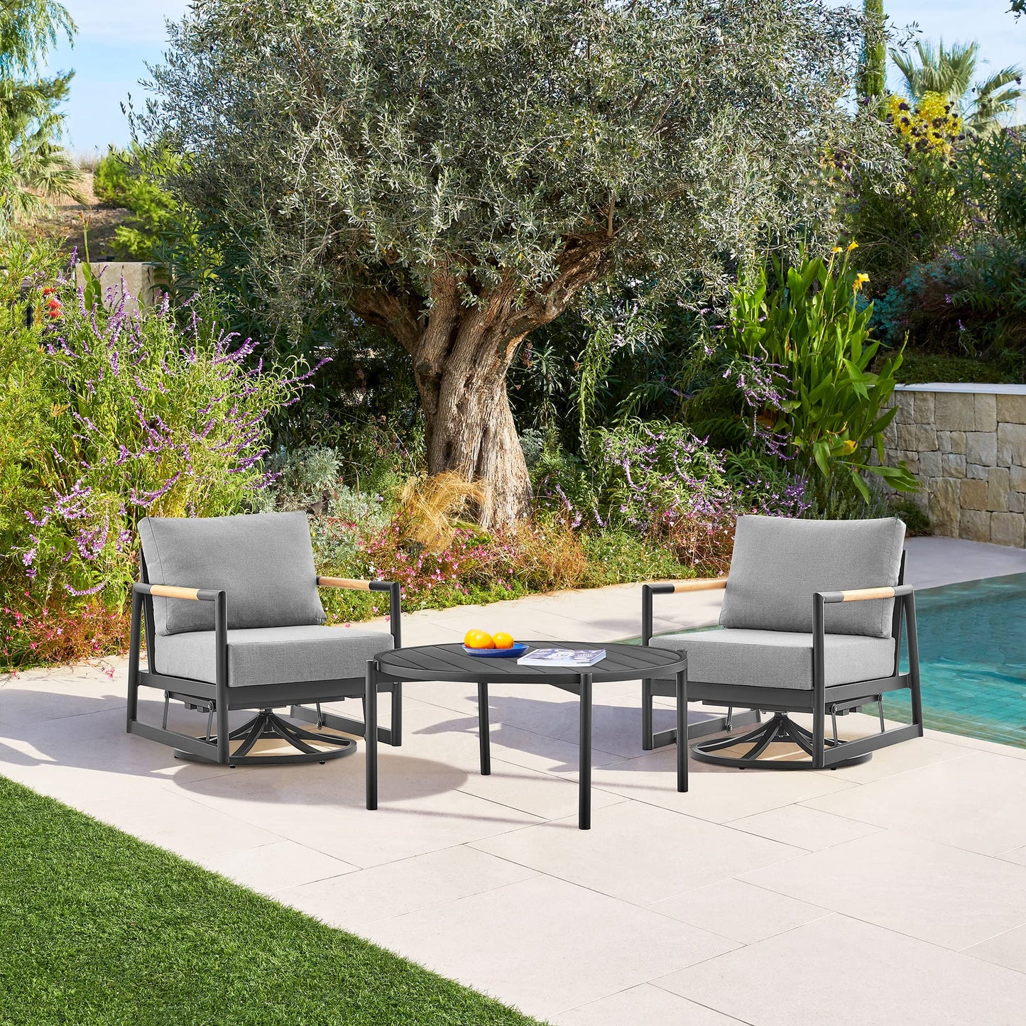Armen Living Royal Outdoor Patio Swivel Glider Lounge Chair in Black Aluminum and Teak Wood with Cushions