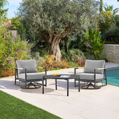 Armen Living Royal Outdoor Patio Swivel Glider Lounge Chair in Black Aluminum and Teak Wood with Cushions