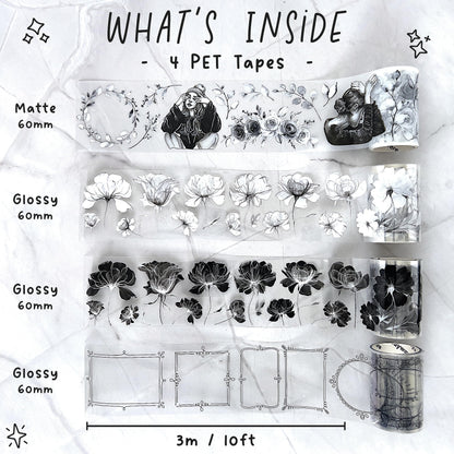 Fayware 4 PET Tapes for Journaling and Scrapbooking - Black & White Junk Journal Supplies for DIY Arts & Crafts Projects