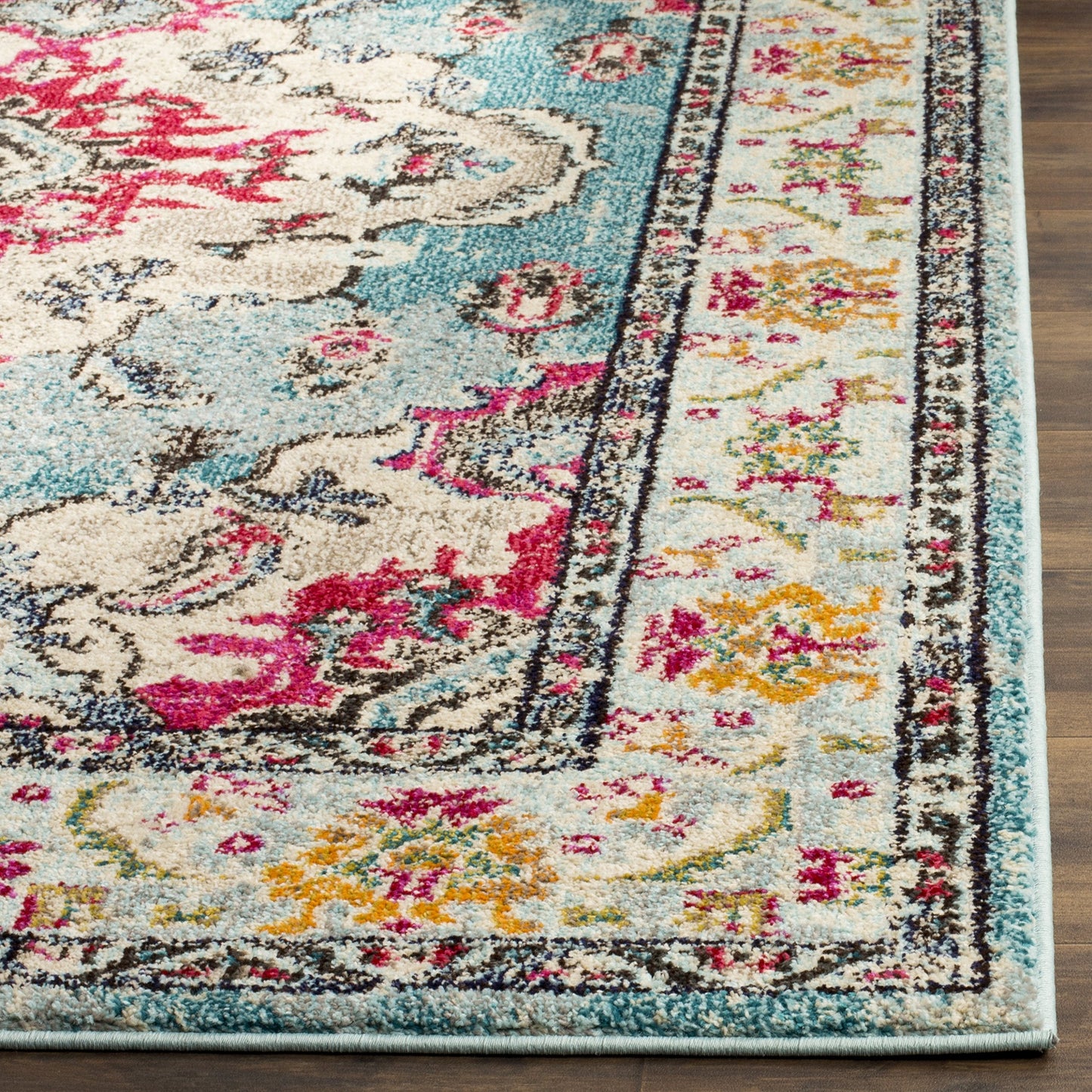 SAFAVIEH Monaco Collection Area Rug - 9' x 12', Light Blue & Fuchsia, Non-Shedding & Easy to Clean, Distressed Medallion Design, Ideal for Living Room, Bedroom, Dining Space (MNC243J)