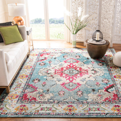 SAFAVIEH Monaco Collection Area Rug - 9' x 12', Light Blue & Fuchsia, Non-Shedding & Easy to Clean, Distressed Medallion Design, Ideal for Living Room, Bedroom, Dining Space (MNC243J)