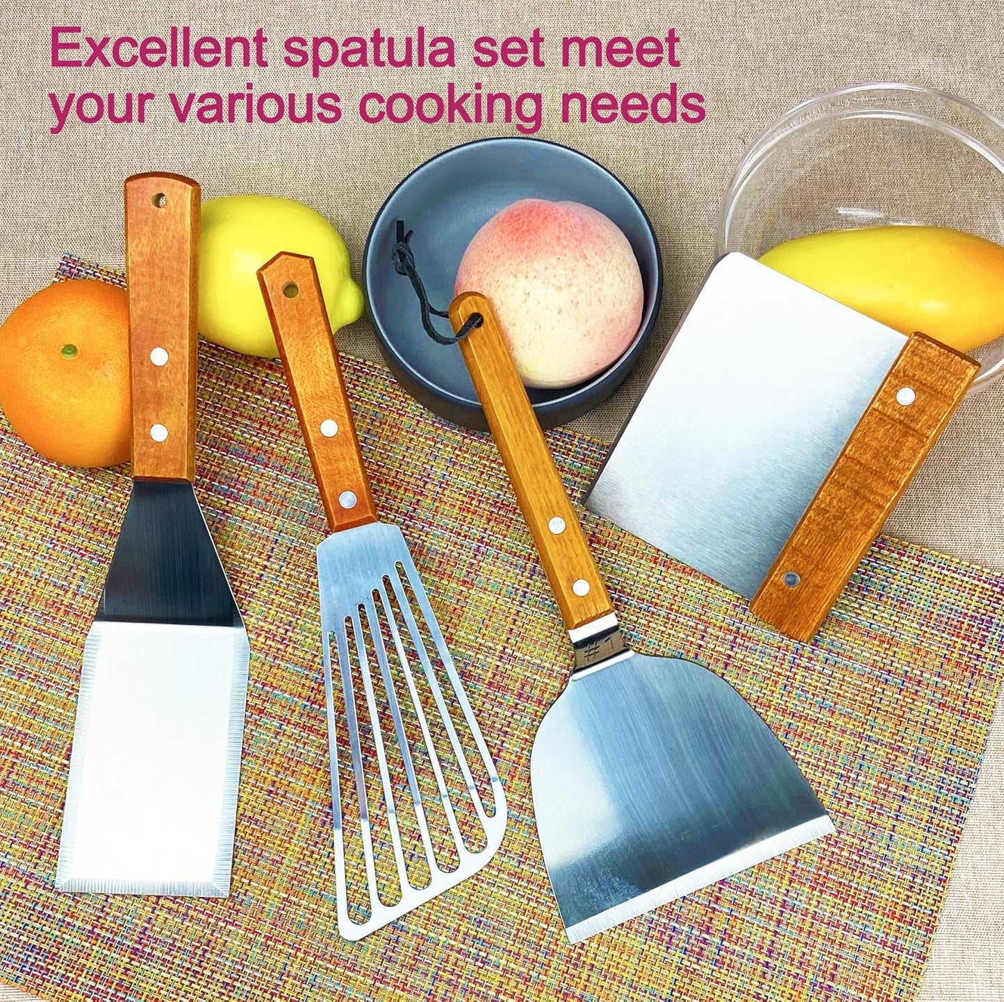 Metal Spatulas Set, Stainless Steel Fish Turner for Cooking, BBQ Grill Griddle Spatula with Wood Handle