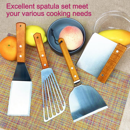 Metal Spatulas Set, Stainless Steel Fish Turner for Cooking, BBQ Grill Griddle Spatula with Wood Handle
