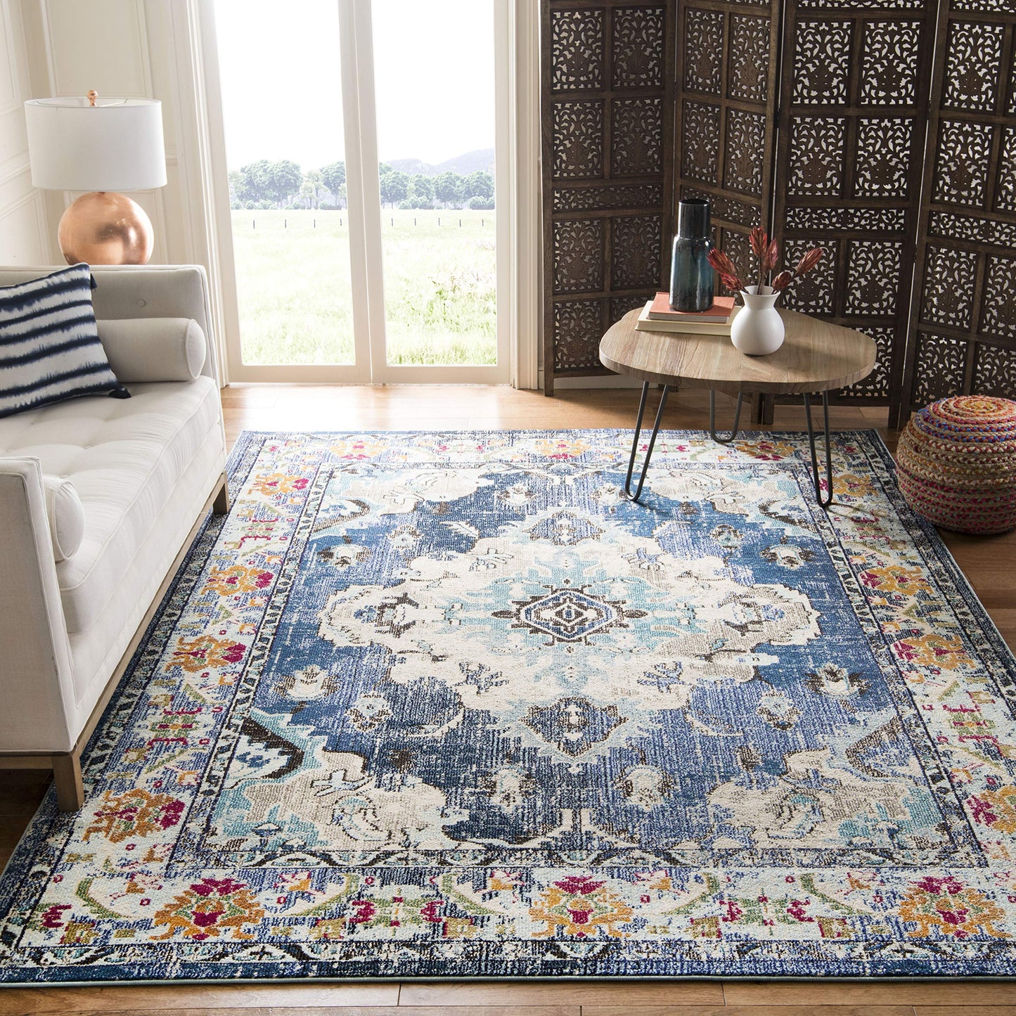 SAFAVIEH Monaco Collection Area Rug - 9' x 12', Navy & Light Blue, Non-Shedding & Easy to Clean, Distressed Medallion Design, Ideal for Living Room, Bedroom, Dining Space (MNC243N)
