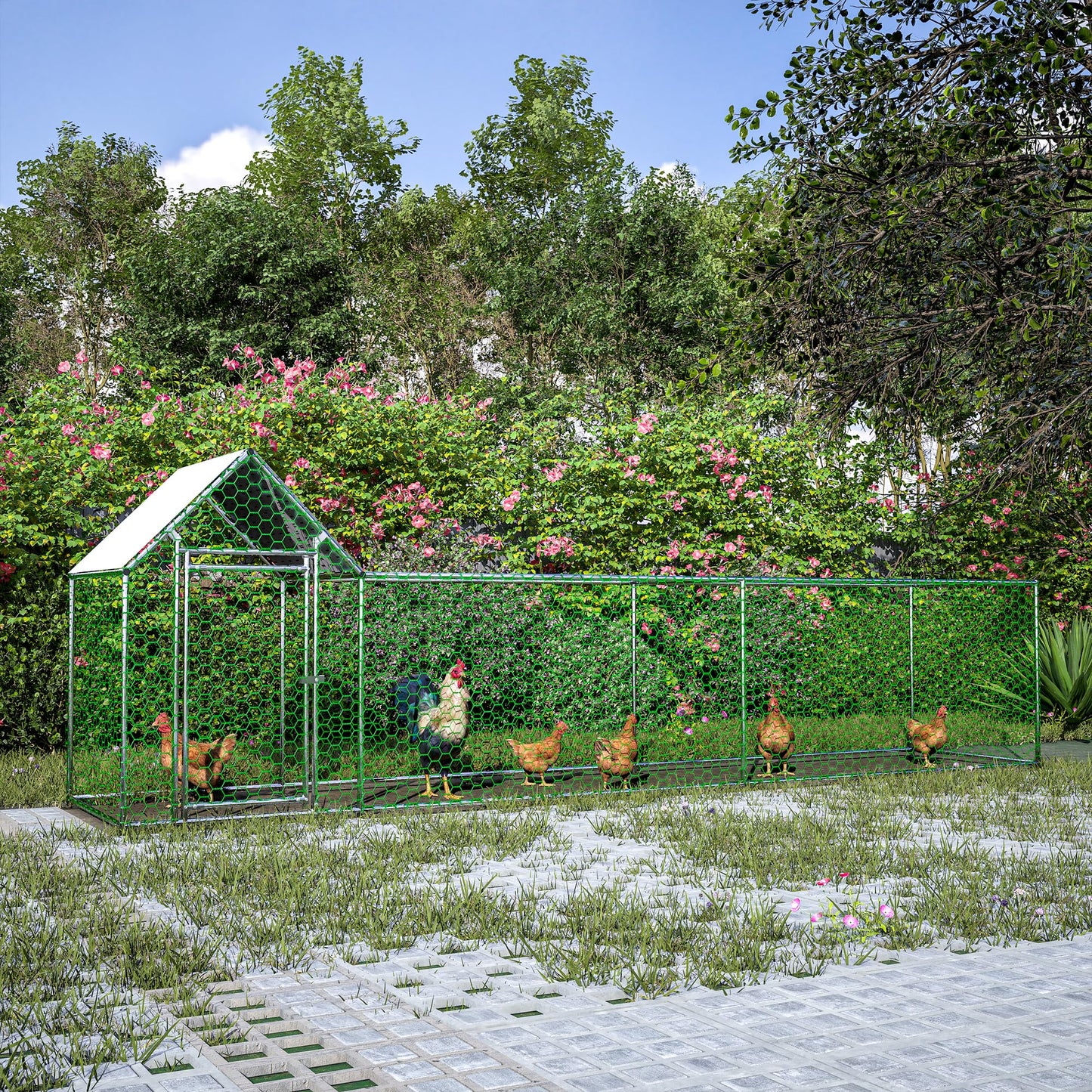 KEIKI Large Metal Chicken Coop, Metal Chicken Run with Waterproof Cover, Farm Poultry Run Hutch Hen House, Outdoor Walk-in Chicken Pen for Poultry Duck Rabbit, 16.33ft x 3.52ft x 4.97ft