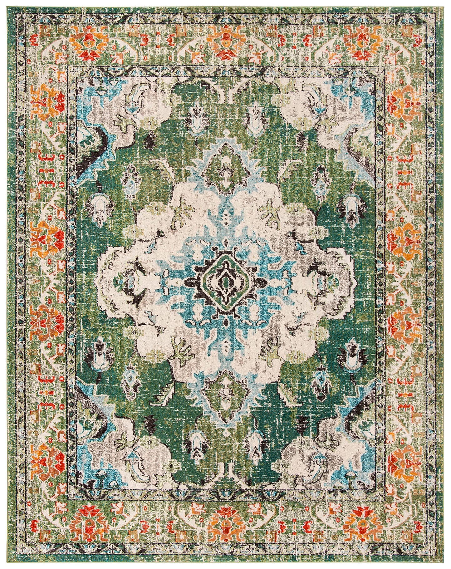SAFAVIEH Monaco Collection Area Rug - 9' x 12', Forest Green & Light Blue, Non-Shedding & Easy to Clean, Distressed Medallion Design, Ideal for Living Room, Bedroom, Dining Space (MNC243F)