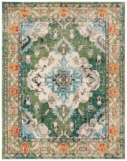 SAFAVIEH Monaco Collection Area Rug - 9' x 12', Forest Green & Light Blue, Non-Shedding & Easy to Clean, Distressed Medallion Design, Ideal for Living Room, Bedroom, Dining Space (MNC243F)