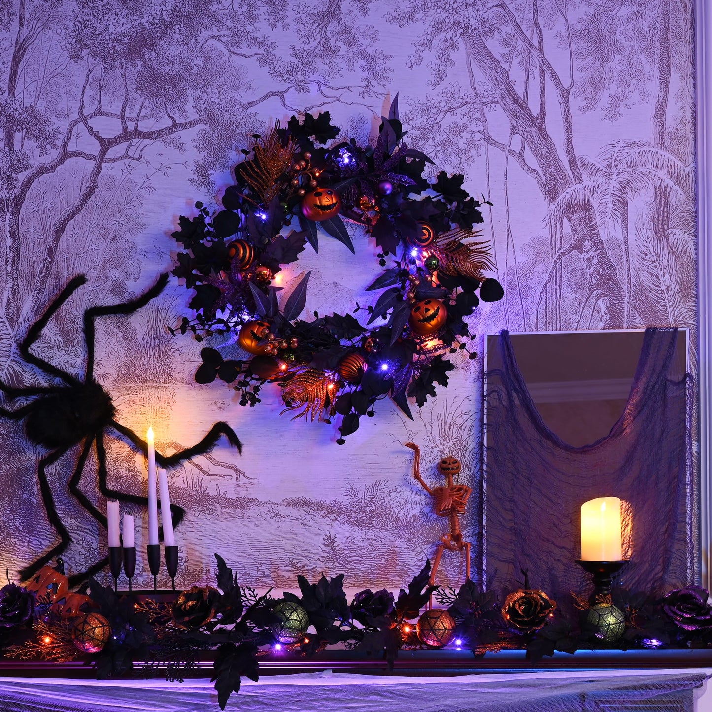 Valery Madelyn Halloween Decorations Value Bundle (2 Items), 24 Inch Halloween Wreath for Front Door & 6 Feet Halloween Garland for Holiday Party Indoor Home Decor