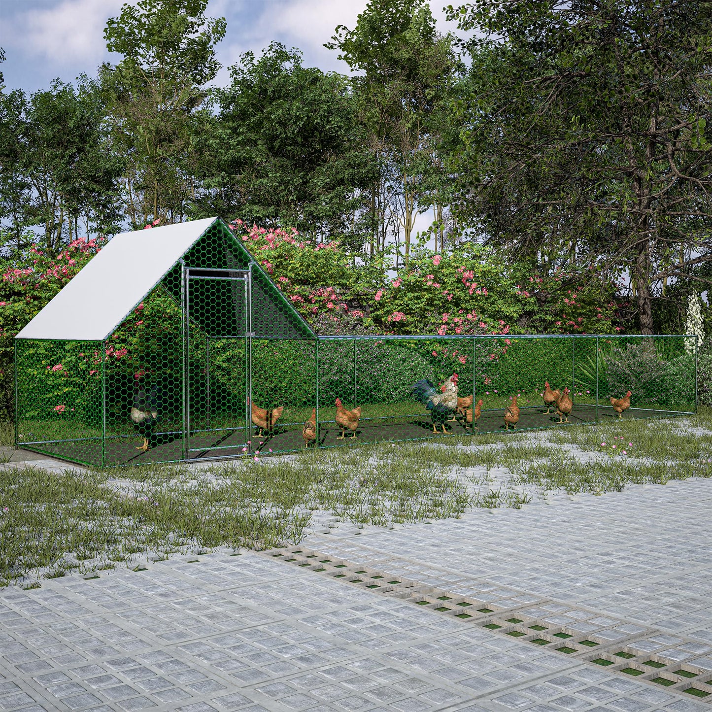KEIKI Large Metal Chicken Coop, Metal Chicken Run with Waterproof Cover, Farm Poultry Run Hutch Hen House, Outdoor Walk-in Chicken Pen for Poultry Duck Rabbit, 26.08ft x 6.72ft x 6.67ft