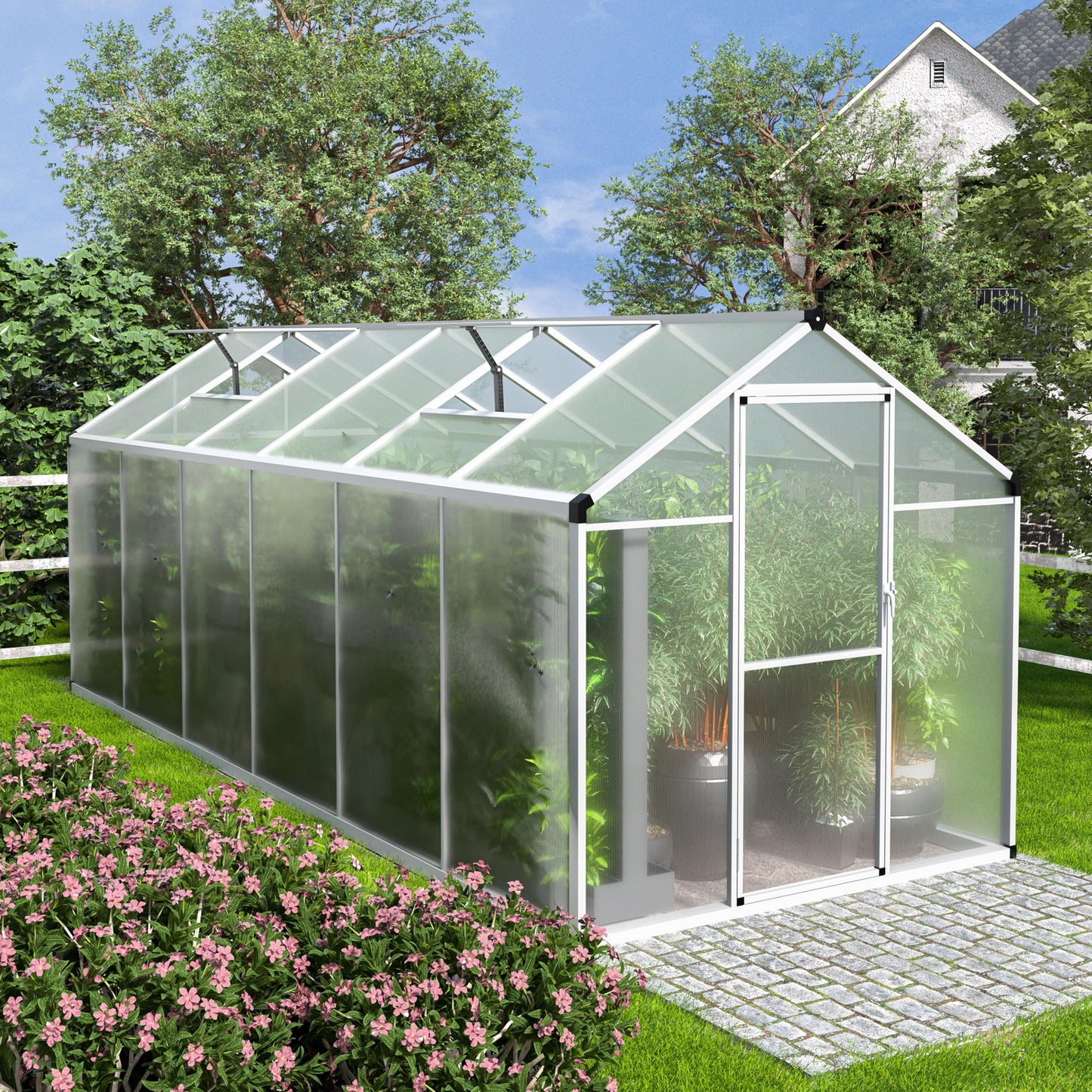 Yardenaler 6' x12' Double-Wall Polycarbonate Aluminum Greenhouse Kit for Outdoor, Walk-in Greenhouse with Lockable Door and Adjustable Roof Vent, Backyard Garden in Winter, White