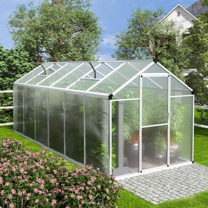 Yardenaler 6' x12' Double-Wall Polycarbonate Aluminum Greenhouse Kit for Outdoor, Walk-in Greenhouse with Lockable Door and Adjustable Roof Vent, Backyard Garden in Winter, White
