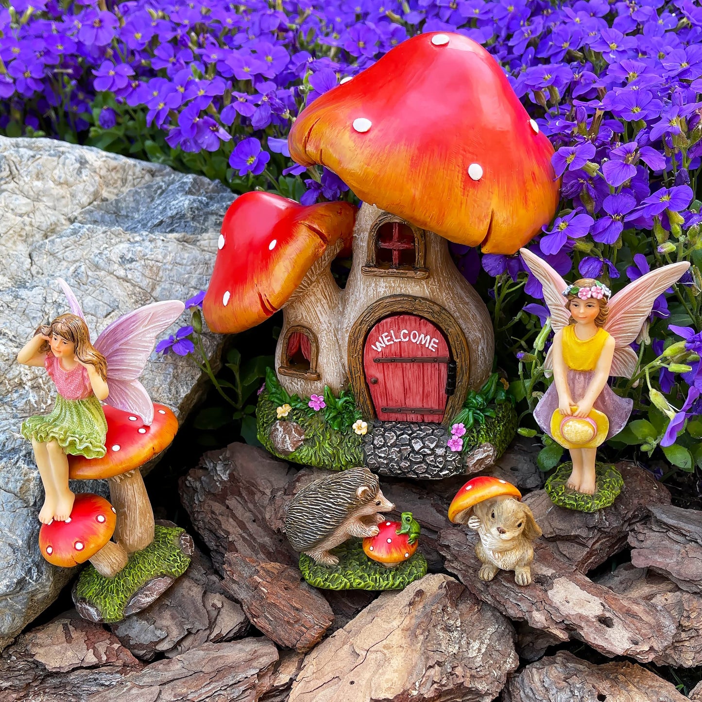 Mood Lab Fairy Garden Figurines - Mushroom House Set (6 pcs) - Miniature Decorative Statues & Accessories - Outdoor & Indoor Garden Decor