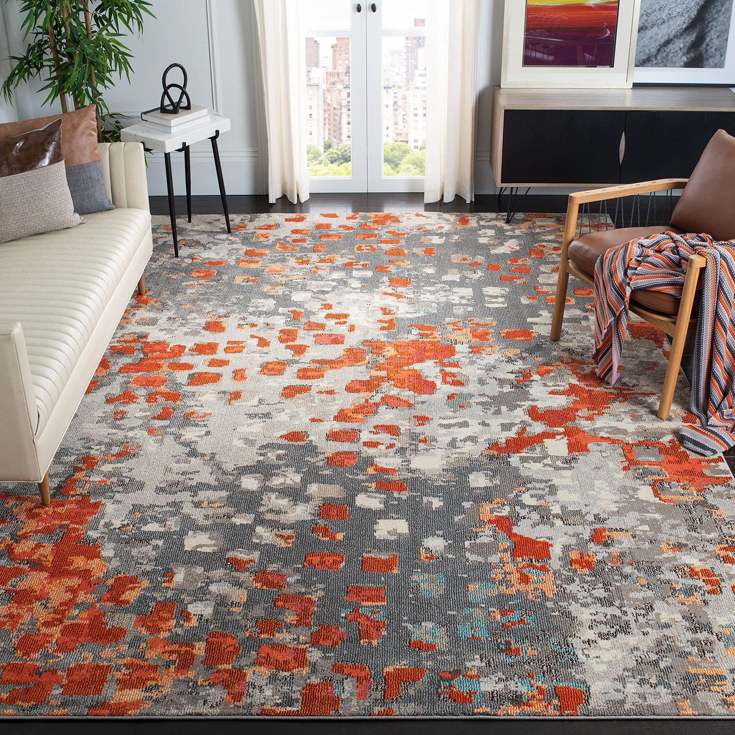 SAFAVIEH Monaco Collection Area Rug - 10' x 14', Grey & Orange, Boho Chic Abstract Watercolor Design, Non-Shedding & Easy Care, Ideal for High Traffic Areas in Living Room, Bedroom (MNC225H)