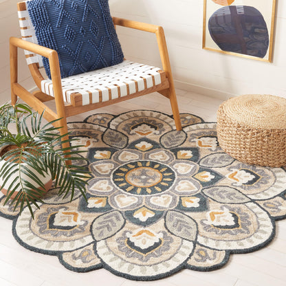 SAFAVIEH Novelty Collection Area Rug - 8' Round, Beige & Navy, Handmade Boho Floral Rustic Country Wool, Ideal for The Living Room, Dining Room, Bedroom (NOV604B-8R)