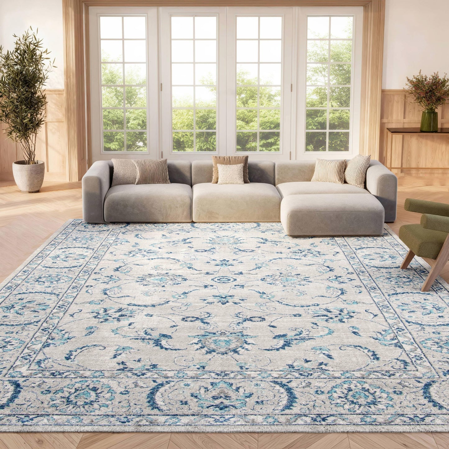SAFAVIEH Brentwood Collection X-Large Area Rug - 11' x 15', Light Grey & Blue, Oriental Floral Scroll Design, Non-Shedding & Easy Care, Ideal for High Traffic Areas in Living Room, Bedroom (BNT854G)