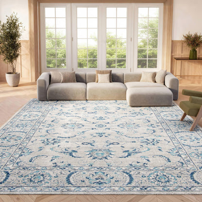 SAFAVIEH Brentwood Collection X-Large Area Rug - 11' x 15', Light Grey & Blue, Oriental Floral Scroll Design, Non-Shedding & Easy Care, Ideal for High Traffic Areas in Living Room, Bedroom (BNT854G)