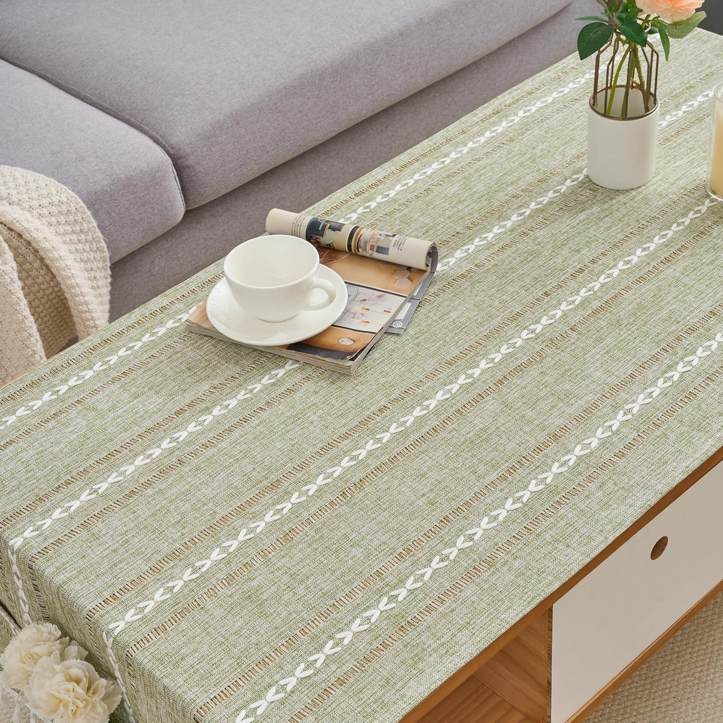 2060 Inches Rectangular Coffee Table Covers for Living Room Striped Embroidered Tablecloth Linen Coffee Table Cloth