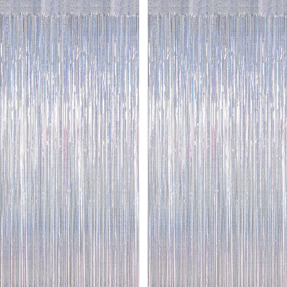 Skiennix Silver Metallic Tinsel Foil Curtains - 2 Pack Glitter Fringe Backdrop | 3.28 FT x 7.05 FT for NYE & Birthday Parties