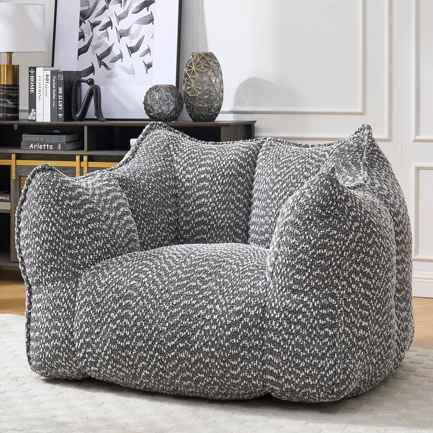 Large Grey Chenille Bean Bag Chair for Adults, Oversized Comfy Lounger for Living Room, Bedroom, Gaming, Reading, Watching TV, 47.2" x 36.2" x 30.7"