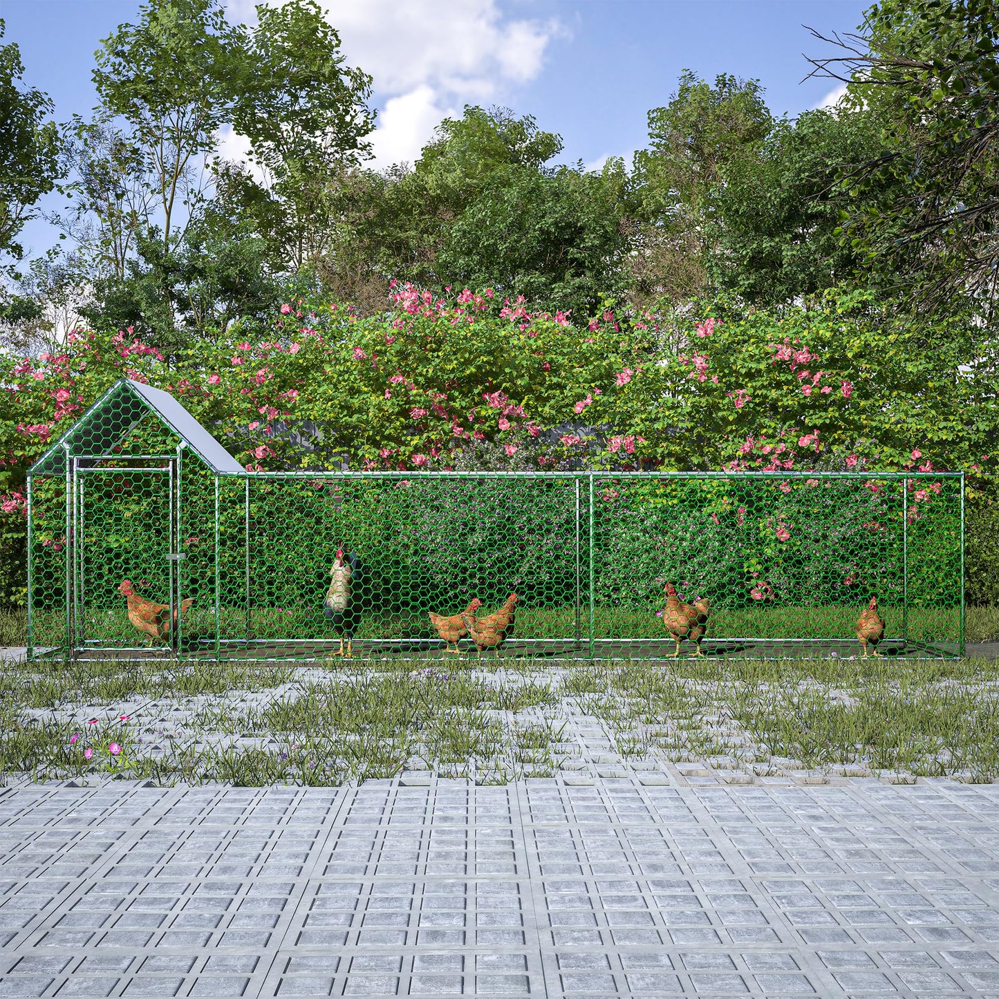 KEIKI Large Metal Chicken Coop, Metal Chicken Run with Waterproof Cover, Farm Poultry Run Hutch Hen House, Outdoor Walk-in Chicken Pen for Poultry Duck Rabbit, 16.33ft x 3.52ft x 4.97ft