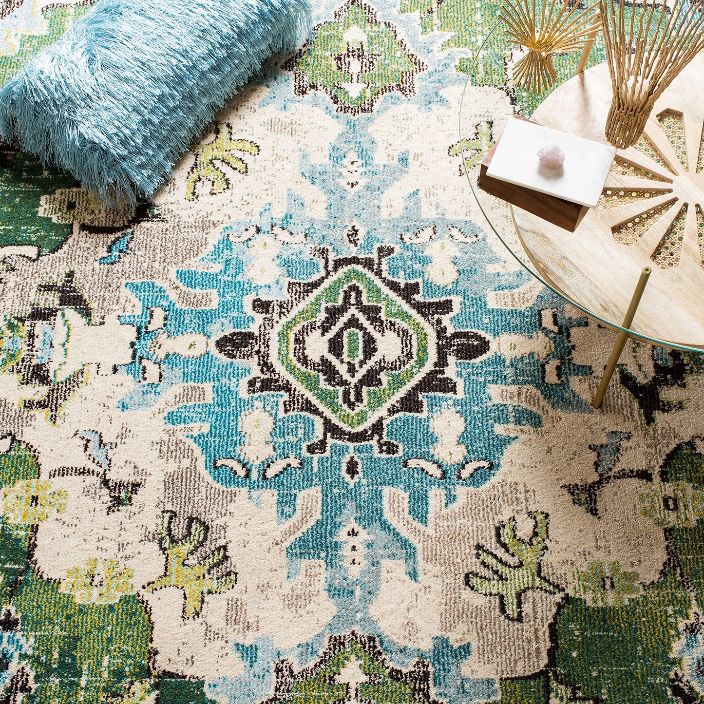 SAFAVIEH Monaco Collection Area Rug - 9' x 12', Forest Green & Light Blue, Non-Shedding & Easy to Clean, Distressed Medallion Design, Ideal for Living Room, Bedroom, Dining Space (MNC243F)