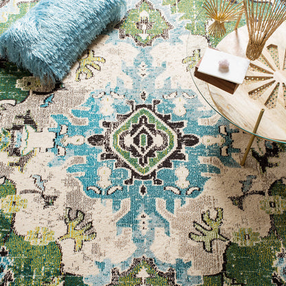 SAFAVIEH Monaco Collection Area Rug - 9' x 12', Forest Green & Light Blue, Non-Shedding & Easy to Clean, Distressed Medallion Design, Ideal for Living Room, Bedroom, Dining Space (MNC243F)