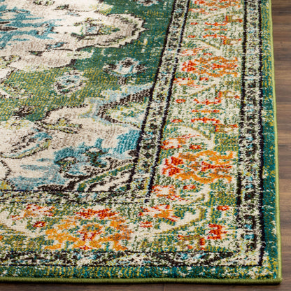 SAFAVIEH Monaco Collection Area Rug - 9' x 12', Forest Green & Light Blue, Non-Shedding & Easy to Clean, Distressed Medallion Design, Ideal for Living Room, Bedroom, Dining Space (MNC243F)