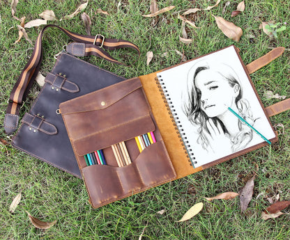 Robrasim Handmade Leather Sketchbook Cover, Artist Sketch Pad Holder for 9"X12" Sketchbook, Drawing Book and Pencil Case, Journal Notebook Portfolio with Shoulder Strap, Artist Gifts, Brown